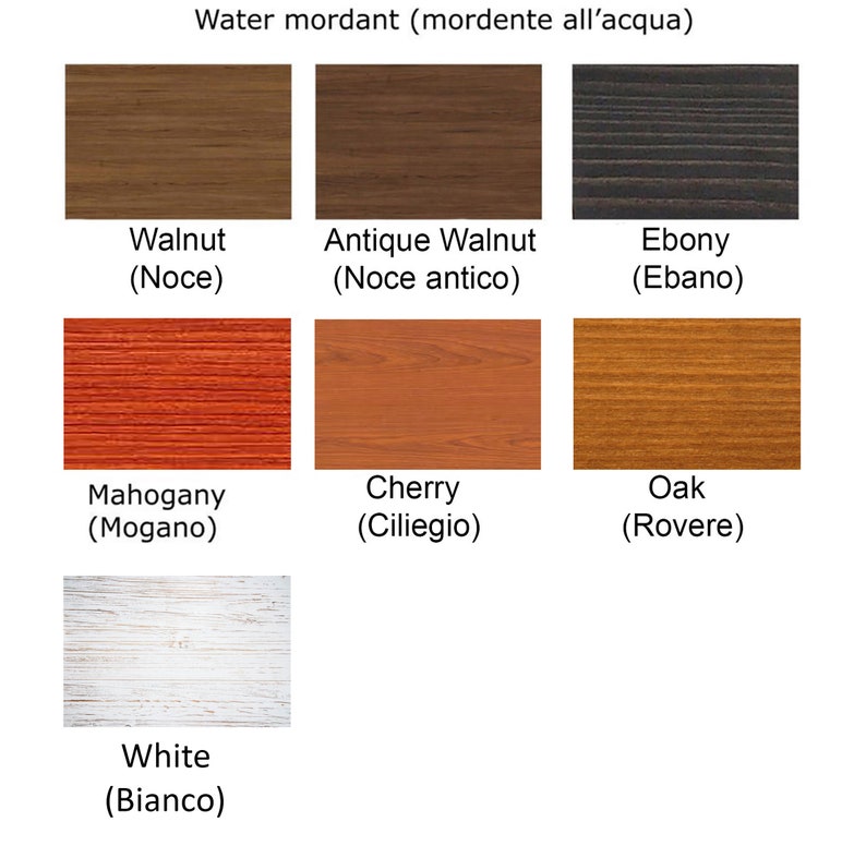 May include: Water-based wood stains in various colors, including walnut, antique walnut, ebony, mahogany, cherry, oak, and white. The stains are shown in a grid format with the name of each color written below the stain.