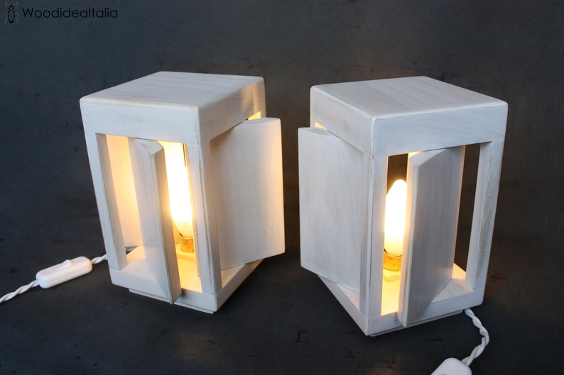 Pair of white wooden lampshades, pair of bedside lamps, table lamps image 2