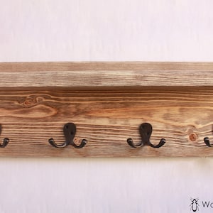 Appendiabiti Da Parete Rustico Con Mensola E 3 Cestini In Metallo | 5 Ganci Mobili | Legno Massello E Ferro | Organizer Ingresso, Cucina, Bagno - 3