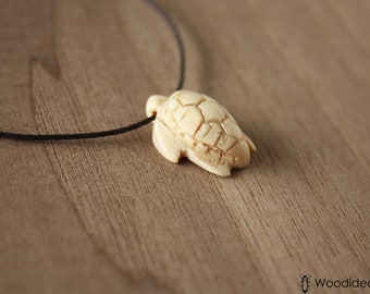 hand-carved sea turtle micro pendant, small turtle pendant in stone pine wood, turtle animal necklace