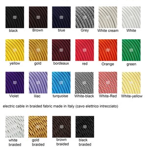 May include: A chart showing different colors of electric cable, both smooth and braided. The cable is made in Italy. The colors include black, brown, blue, grey, white cream, white, yellow, gold, bordeaux, red, orange, green, violet, lilac, turquoise, white-black, white-red, white-yellow, white braided, gold braided, brown braided, and black braided.