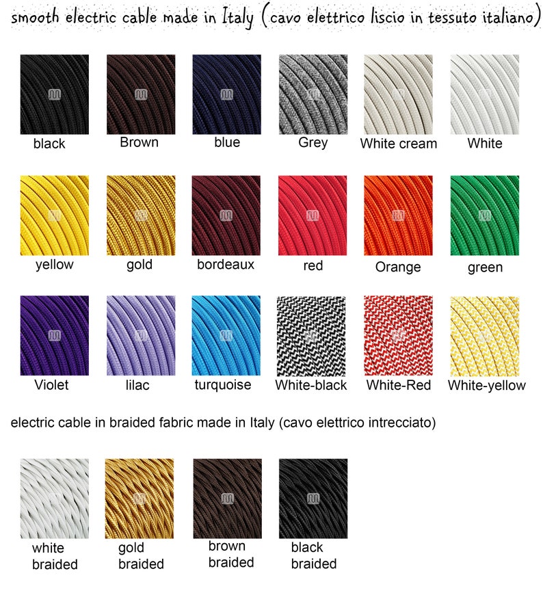 May include: A chart showing different colors of electric cable, both smooth and braided. The cable is made in Italy. The colors include black, brown, blue, grey, white cream, white, yellow, gold, bordeaux, red, orange, green, violet, lilac, turquoise, white-black, white-red, white-yellow, white braided, gold braided, brown braided, and black braided.