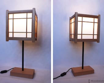 shoji-style table lamp, handmade wooden table lamp, Japanese-style lamp made in Italy, wood and rice paper lamp