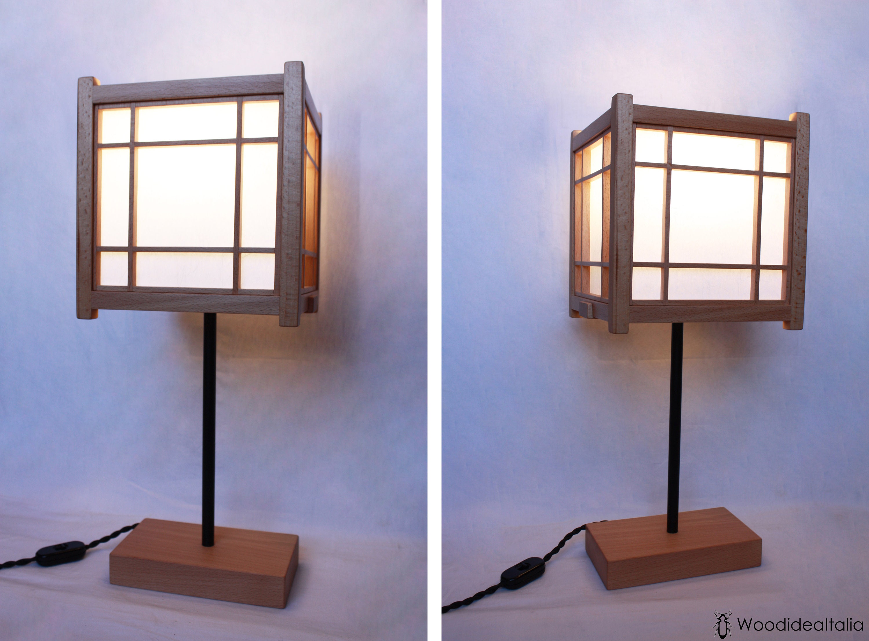 Tischlampe im Shoji-Stil, handgefertigte Tischlampe aus Holz, Lampe im  japanischen Stil aus Italien, Lampe aus Holz und Reispapier - .de