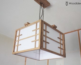 shoji suspension chandelier in wood and rice paper, oriental design chandelier in shoji style made in italy, refined handcrafted chandelier