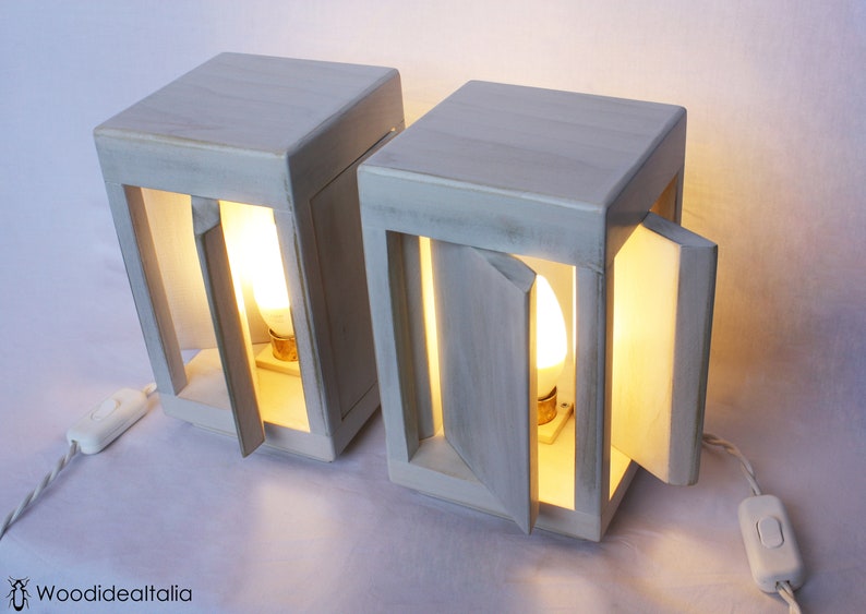 Paire d'abat-jour en bois blanc, paire de lampes de chevet, lampes de table image 1