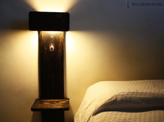 Coppia lampade comodino in legno rustico,lampade da parete con  mensola,elegante struttura luce comodino -  Italia