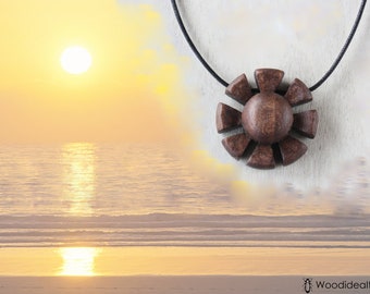 stylized sun pendant in wood, handcrafted sun pendant, sun necklace carved in wood, sun carved in walnut wood