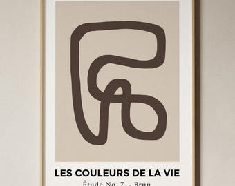 Impresión de arte abstracto: Arte lineal marrón y beige, póster de galería moderno