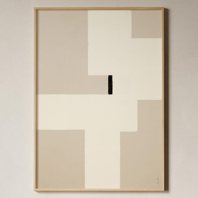 May include: Abstract art print with a geometric design in shades of beige and white with a black line in the center.
