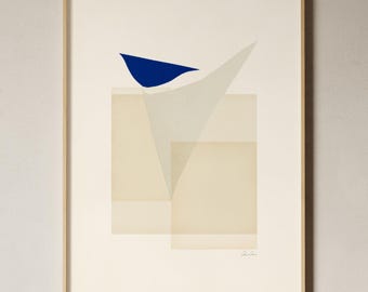 Minimalist Bird Art Print: Japandi Blue Abstract Collage