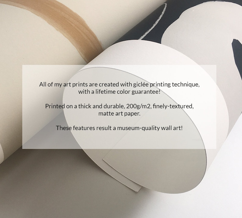 May include: Close-up of a rolled-up print, showing the text: "All of my art prints are created with gicl&eacute;e printing technique, with a lifetime color guarantee! Printed on a thick and durable, 200g/m2, finely-textured, matte art paper. These features result a museum-quality wall art!"