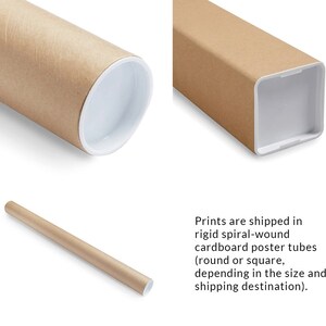 May include: A brown cardboard poster tube with white end caps. The tube is used for shipping prints and can be round or square depending on the size and shipping destination.