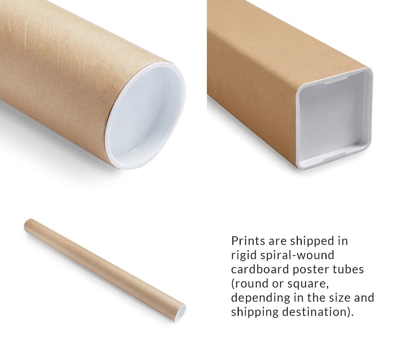 May include: A brown cardboard poster tube with white end caps. The tube is used for shipping prints and can be round or square depending on the size and shipping destination.