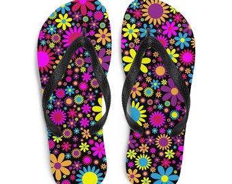Retro Flowers 70's Fun Gift for Family Gift Flip Flops Flip-Flops Girlfriend Women Men Purple Pink Blue