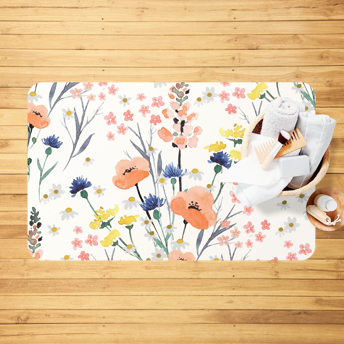 Wildflower Bath Mat Botanical Bath Mat Farmhouse Bathroom Rug Etsy