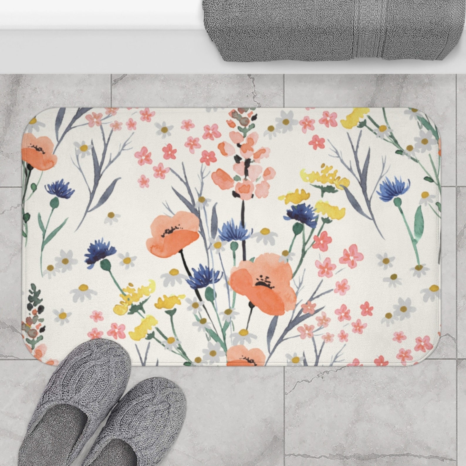 Wildflower Bath Mat Botanical Bath Mat Farmhouse Bathroom Rug Etsy