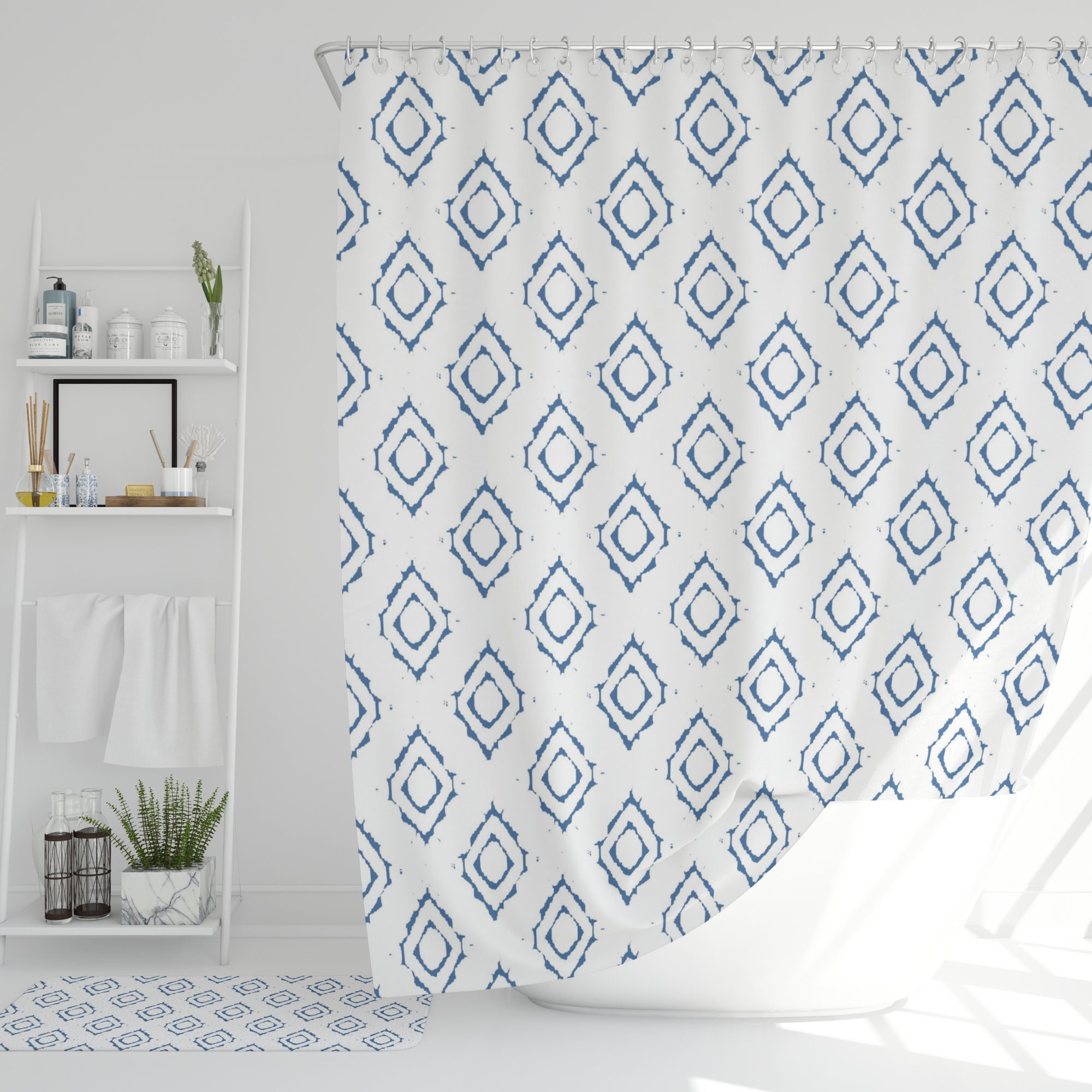Blue and White Bath Mat Farmhouse Bath Mat Minimalist Bathroom Etsy