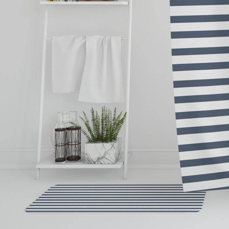 Navy Bath Mat Striped Bath Mat Navy Bathroom Decor Bathroom Etsy