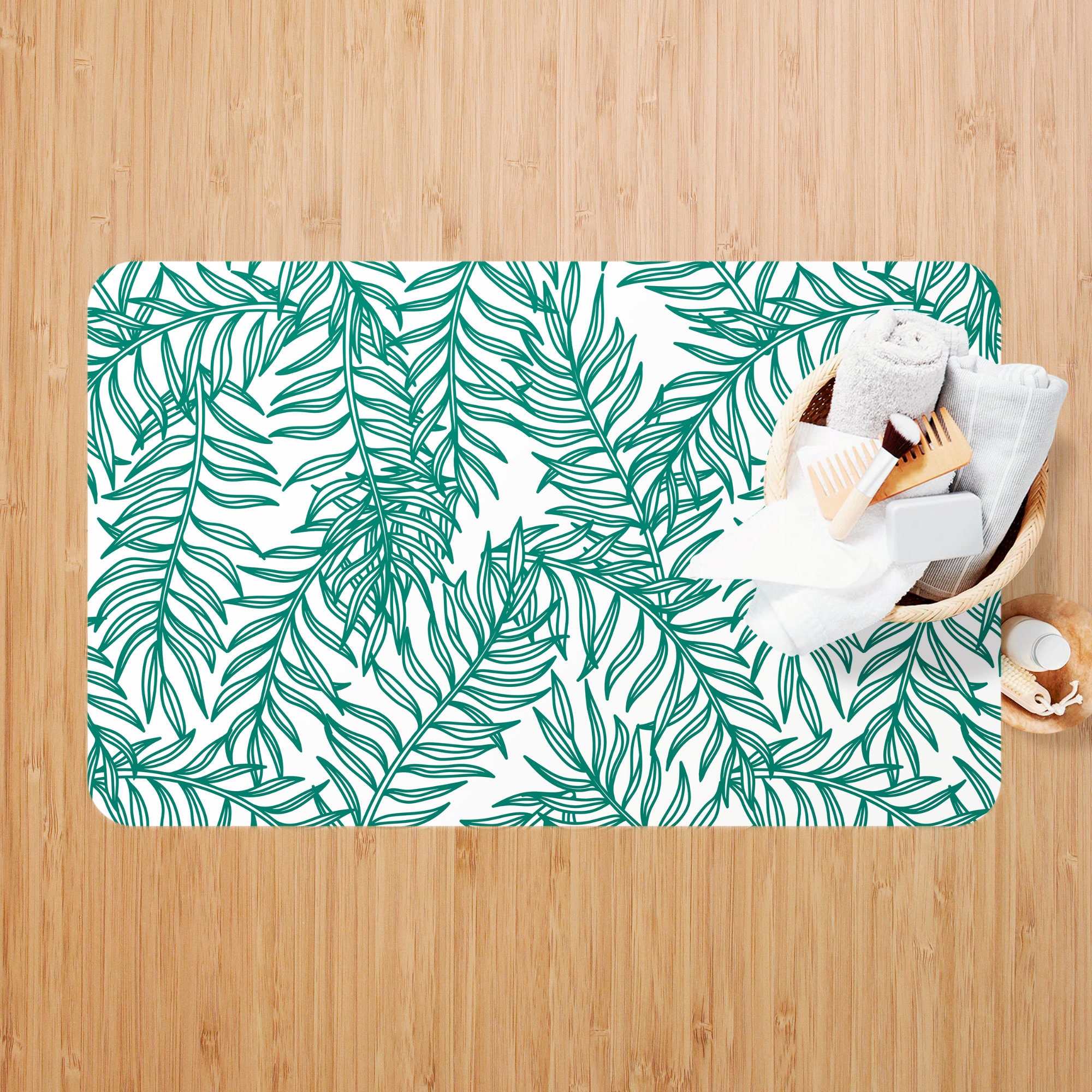 Botanical Bath Mat Green Leaves Bathroom Rug Boho Bath Mat Etsy