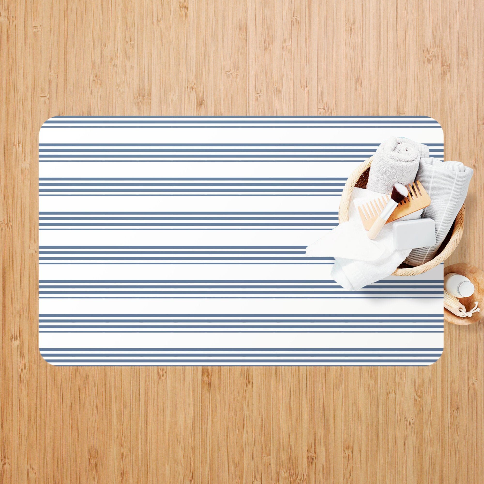 Blue Striped Bath Mat Minimalist Farmhouse Bathroom Decor Etsy