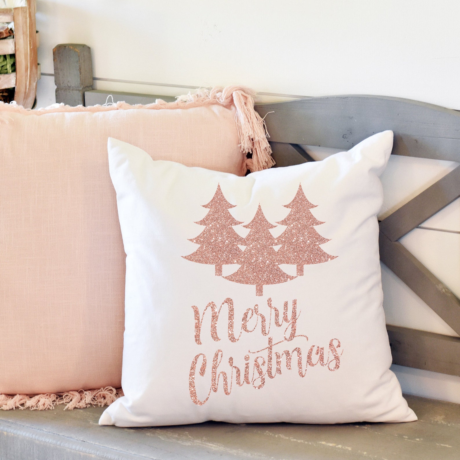 Chic Pink Merry Christmas Tree Pillow Cover Pink Christmas  Etsy