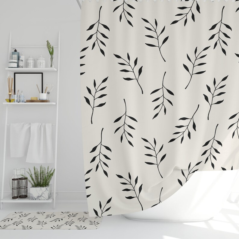 Black and Cream Botanical Shower Curtains Boho Shower Curtain Etsy