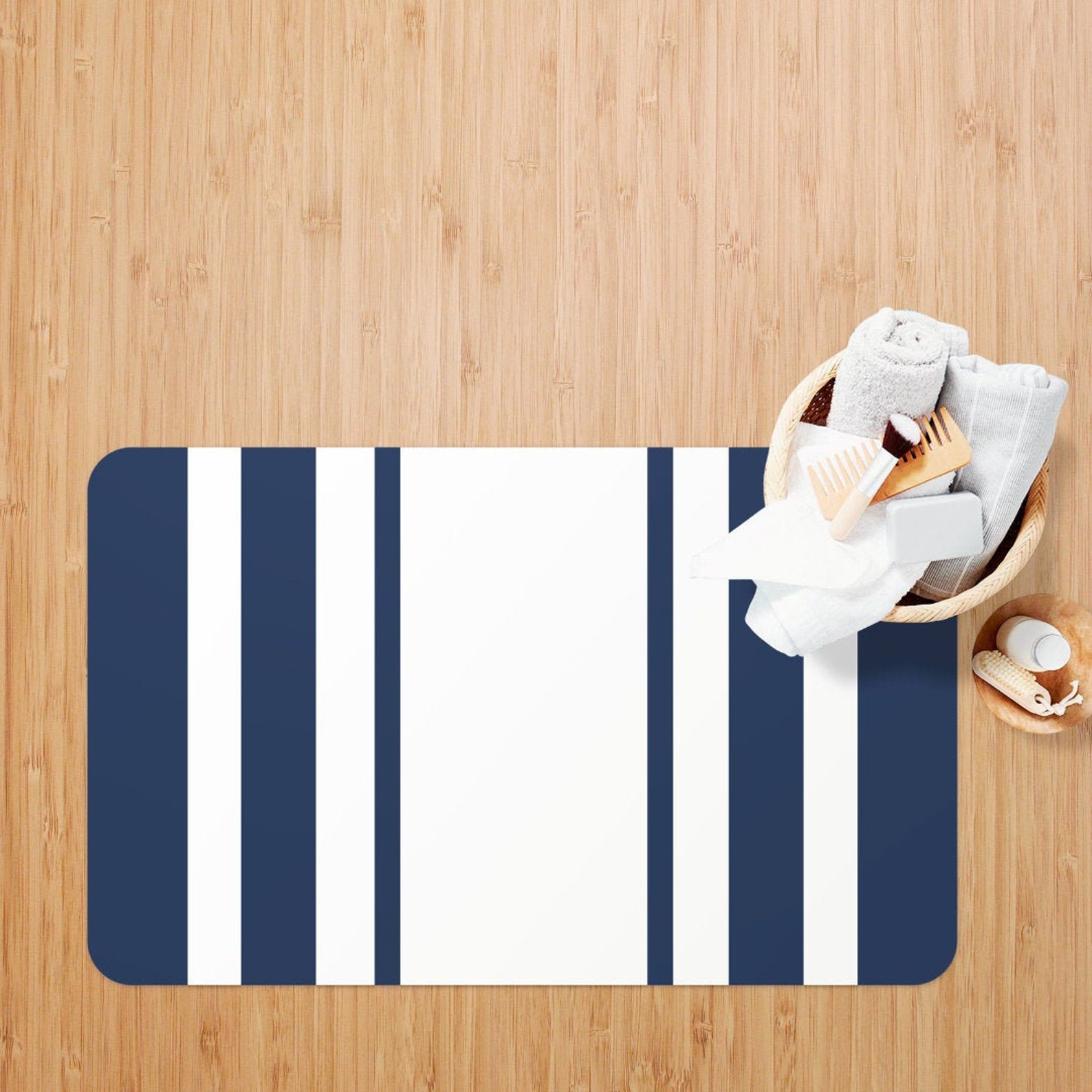 Navy Bath Mat Striped Bath Mat Navy Bathroom Rugs Blue Etsy