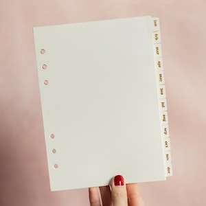 DIVISÓRIAS MENSAIS A5/Divisórias de planejador em folha de ouro com abas laminadas/Divisórias mensais de janeiro a dezembro/Inserções de cartão texturizado para fichários A5