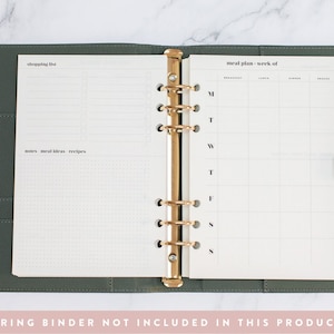 May include: A green planner with a gold ring binder. The left page has a section for a shopping list and notes. The right page has a weekly meal planner with sections for breakfast, lunch, dinner, and snacks.