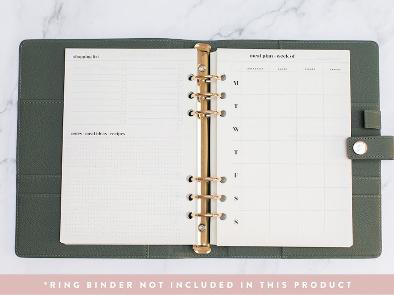 May include: A green planner with a gold ring binder. The left page has a section for a shopping list and notes. The right page has a weekly meal planner with sections for breakfast, lunch, dinner, and snacks.