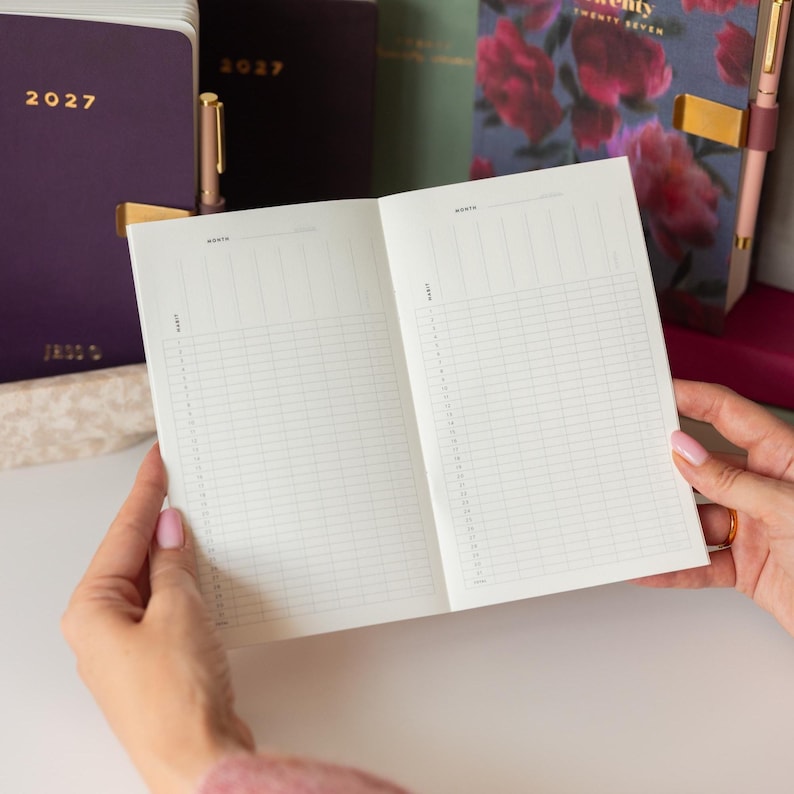 May include: An open planner showing two pages of a habit tracker grid with vertical columns and numbered rows from 1 to 31. The pages are white with thin black lines. In the background, a dark purple 2027 planner and a floral 2027 planner are visible.