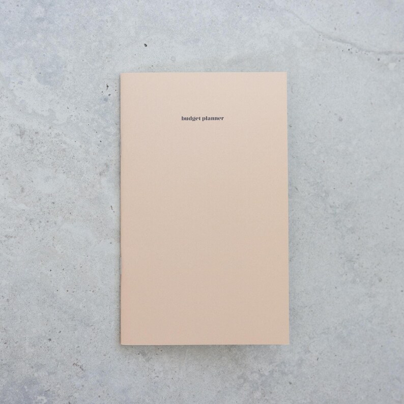 May include: A rectangular budget planner with a solid light beige cover. The words budget planner are printed in a small, black, sans-serif font centered near the top of the front cover. The planner has a clean, flat, and matte appearance.