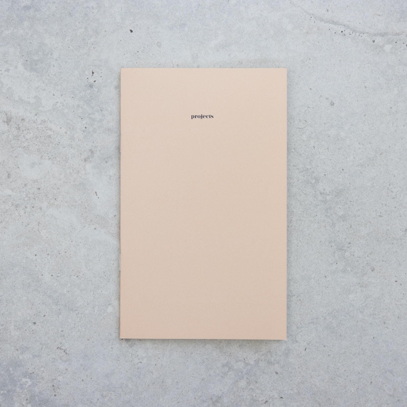 May include: A rectangular notebook with a solid light beige cover. The word projects is printed in small, black, lowercase sans-serif letters near the top center of the front cover. The notebook has a clean, flat, and uniform appearance.