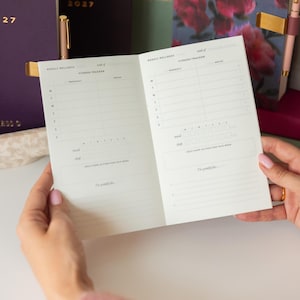 May include: An open planner showing two pages of a weekly wellness and fitness tracker. The layout includes columns for workout and notes, rows for days of the week, mood and sleep trackers, a self-care action section, and a gratitude prompt.