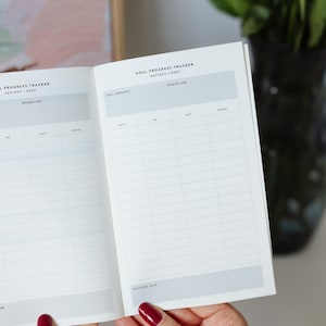 May include: An open planner with white pages featuring a Goal Progress Tracker for savings and debt. The layout includes columns for date, in, out, and total, with header sections for goal amount and deadline, and a bottom section labeled Reason For.