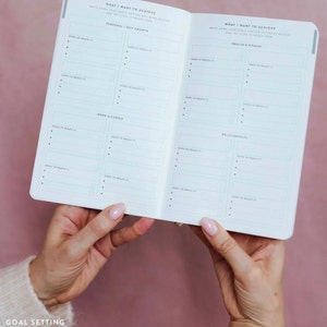 K&ouml;nnte beinhalten: Ein offener Zielplaner mit wei&szlig;en Seiten und schwarzem Text. Das Layout enth&auml;lt Abschnitte mit den Titeln What I Want To Achieve, Personal/Self-Growth, Work & Career, Health & Fitness und Relationships, mit Kontrollk&auml;stchen und Zeilen.