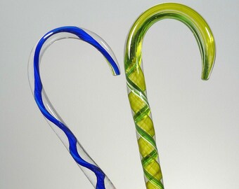 Hand Blown Glass Art Christmas Glass Candy Canes, Dirwood Glass, Green and Blue