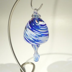 Hand Blown Glass Art Christmas Tree Ornament, Dirwood Glass, Shades of Blue, White and Gold Sparkles, n3672