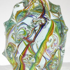 Hand Blown Glass Art Paperweight, Dirwood Glass, Red, Blue, Gold, Green, Purple, Aqua & Clear, Signed, n3756