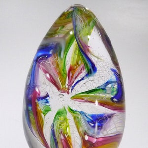 Hand Blown Glass Art Paperweight, Dirwood Glass, Red, Pink, Blue, Gold, Green, Purple, Aqua & Clear, Rainbow, Signed, n3858