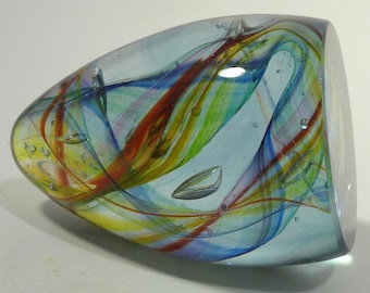 Hand Blown Glass Art Paperweight, Dirwood Glass, Rainbow Colors, Sits on its Side, Signed, Flat Finished Bottom, n3348
