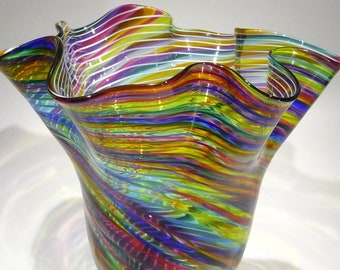 Very Large Hand Blown Glass Art Fluted Vase/Bowl, Table Centerpiece, Cane Process, Dirwood, Red Blue Aqua Purple Green Pink Gold, n3879