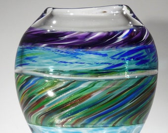 Jarrón de arte de vidrio soplado a mano, azul, agua, verde, rojo, dorado y transparente, Incalmo, pieza central, vidrio Dirwood, n3755