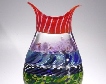 Escultura de arte de vidrio soplado a mano, rojo, púrpura, azul, aguamarina, verde, negro, blanco y transparente, arte de vidrio decorativo Incalmo, vidrio Dirwood, n3991.