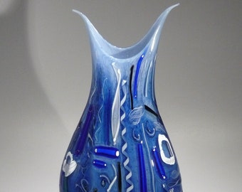 14" Hand Blown Glass Sculpture, Table Centerpiece, Shades of Blue with Black and White Accents, Dirwood, n3824
