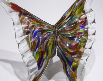 Hand Blown Glass Butterfly Sculpture, Dirwood Glass, Rainbow, Blue, Green, Aqua, Pink, Purple, Yellow, and Gold Sparkles, n3928