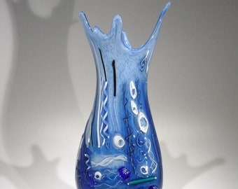 17" Hand Blown Glass Sculpture, Table Centerpiece, Shades of Blue with Black and White Accents, Dirwood, n3823
