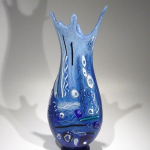 17&quot; Hand Blown Glass Sculpture, Table Centerpiece, Shades of Blue with Black and White Accents, Dirwood, n3823