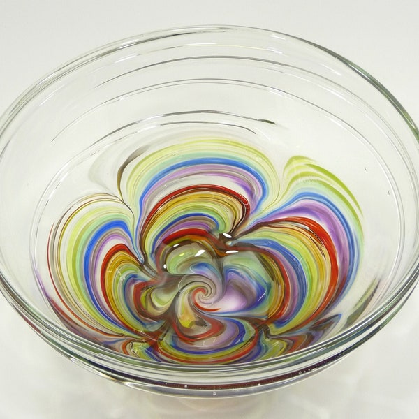 Sehr große mundgeblasene Glaskunstschale, wiegt 27 Pfund, mit Glasstäben, Dirwood Glas, Regenbogenfarben, Blau, Aqua, Rot, Gelb, n3620